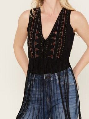 Idyllwind Black V-Neck Fringe Tank with Multicolor Embroidery